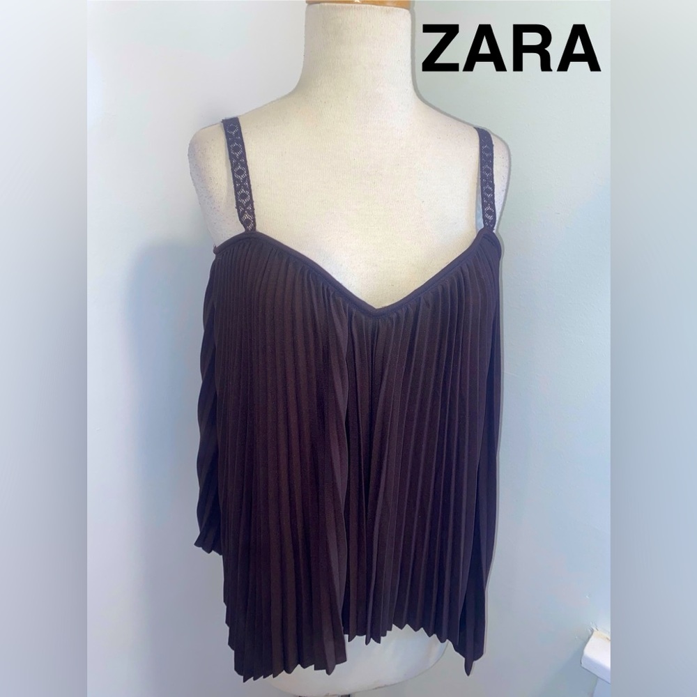 ZARA Brown Pleated Spaghetti-Strap Asymmetric  Camisole - Size M - NEW